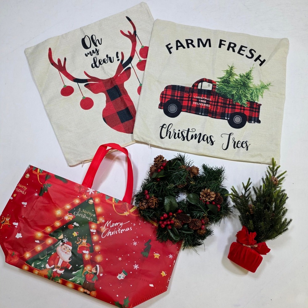 Christmas Decor Bundle Cream Pillow Covers Wreath Mini Tree Reusable Tote Bag